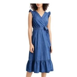 J Crew Denim Dress Chambray Wrap Dress Ruffle Sleeveless Blue Jean springtime